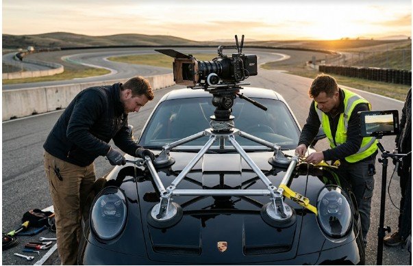 Taking a cinema camera outdoors at speed exposes every weakness in the mounting system. In this outdoor film shoot camera rigging case study, I examine how our crew stabilized a camera on a sports car traveling at 90 km/h and then transferred another camera from a robotic arm to a handheld operator during one uninterrupted shot. Both setups taught me the same lesson: electronic stabilization cannot rescue a flexible structure. We first had to control geometry, vibration, weight, power, wind, and failure risk. Project Overview: Two Shots, Two Different Rigging Problems The first sequence required hood-level and wheel-level views of a sports car on a controlled asphalt track. The camera needed to remain stable under engine vibration, tire movement, aerodynamic pressure, and rapid directional changes. The second sequence was a four-minute continuous tracking shot. It started above an open-top double-decker bus and ended at narrow street level. The camera had to move between three support systems without stopping the recording. Although the shots looked very different, both relied on three principles: Mechanical triangulation created rigidity. Independent safety connections protected the crew. Environmental planning prevented wind, sunlight, or power problems from disrupting the shot. Case 1: Building a High-Speed Vehicle Camera Rig The vehicle sequence used a Sony VENICE 2 camera with the VENICE Extension System. Sony designed the extension system to separate the compact sensor block from the main camera body while preserving image quality. That gave us more freedom to reduce the size and weight carried at the mounting point. Creating a Triangulated Speed-Rail Foundation We built the base from 1.5-inch aluminum speed rail. Short barrel crosses and swivel tees connected the rails into a rigid lattice across the hood and lower chassis. Two 10-inch industrial vacuum cups created the upper attachment points. A unibody frame clamp connected the lower section to structural steel beneath the vehicle. This was not simply a collection of strong mounts. Their position mattered more than their individual ratings. A long unsupported rail behaves like a lever. Even a small movement near its anchor becomes visible at the camera. We therefore added a secondary support above the camera’s center of mass. That rail formed a triangle with the primary arm and vehicle attachment. This approach limited vertical whip and twisting movement. Anyone researching vehicle-mounted camera rigging should treat triangulation as the starting point, not a final correction. Reducing Vibration at the Camera The rigid frame solved large structural movement, but it could not absorb every high-frequency vibration. Engine harmonics, drivetrain movement, and tire contact produced fine jitter that reached the camera. We placed a wire-rope isolator between the rail structure and camera plate. A ball-mounted cheese plate allowed us to level the horizon without rebuilding the complete frame. The lighter VENICE sensor block also lowered the payload’s center of mass. That reduced leverage against the isolator and mounting arms. The order was critical. We created a rigid base first, then introduced controlled isolation close to the camera. Placing soft isolation beneath a flexible arm would have allowed the entire assembly to oscillate. Adding Independent Safety Redundancy Vacuum cups were primary anchors, but we never treated them as permanent mechanical connections. Temperature changes, surface contamination, panel flex, or a damaged seal can reduce holding pressure. We installed high-tensile endless ratchet straps from the camera basket to separate structural points near the engine frame bay and wheel arches. The safety lines did not share the same failure path as the suction mounts. That independence matters. Adding two safety connections to the same weak panel does not create true redundancy. OSHA advises employers to establish and enforce vehicle-safety procedures rather than treating road incidents as unavoidable. Transportation incidents also remain a major source of occupational fatalities in the United States. Testing the Rig Before Reaching Full Speed Our most useful original finding came from staged testing. We did not move directly from installation to the target speed. We began with a static inspection. The team checked fasteners, cable clearance, camera movement, focus control, monitoring, suction pressure, and safety straps. The driver then completed a walking-speed pass. After stopping, we marked the position of key connectors and inspected the rig for rotation, cable movement, loose hardware, or fresh contact marks. We increased speed in controlled stages while reviewing footage for horizon drift, rolling-shutter distortion, focus inconsistency, frame vibration, and reflections. One support arm appeared secure during the static test but showed slight movement over sharp surface changes. We adjusted its angle before the high-speed pass. That staged process found a weakness that hand pressure alone did not reveal. Case 2: Rigging a Continuous Multi-Terrain Oner The second part of this outdoor film shoot camera rigging case study involved a continuous four-minute shot. The camera began above a bus, moved away from a robotic arm, and finished with a handheld operator at street level. The challenge was not only stabilization. Every transition had to preserve camera orientation, power, monitoring, and operator control. Starting with an Elevated Robotic Camera A DJI Ronin 4D was attached to a custom robot plate on a motion-control arm. DJI combines imaging, four-axis stabilization, focusing, and wireless transmission within the Ronin 4D platform. The full standard configuration weighs about 4.67 kilograms before adding a lens or storage card. The robotic arm carried the camera above the bus deck for the opening view. Before movement, we checked the arm’s complete travel path for railings, performers, signage, overhead hazards, and emergency stopping clearance. Because crew members were working around an elevated platform, fall exposure also formed part of the risk assessment. OSHA requires employers to protect workers from falls at elevated work areas under the rules applicable to that workplace. Designing the Quick-Release Transition The camera connected to the robot plate through Mitchell mount quick-release risers. These created a repeatable handoff point for the grip team. We rehearsed the release with the camera powered down. Each crew member had one defined responsibility: stabilize the camera, release the mount, control cables, or confirm clearance. The operator did not take the full load until the grip holding the camera gave a clear verbal signal. This prevented two people from moving the assembly in opposite directions. Finishing the Shot at Street Level After uncoupling, the camera moved into a handheld configuration with dual side grips and a mechanical body vest. The grips gave the operator three physical contact points. The vest transferred part of the load away from the arms, which helped maintain framing during the final street-level movement. The handoff worked because the camera package remained compact. We avoided rebuilding accessories during the shot and kept the center of gravity close to the operator. Managing Wind, Power, Sunlight, and Exterior Conditions Outdoor camera rigging fails when crews focus only on the mount. Wind, battery changes, cable routing, and sunlight can alter the entire setup. Reducing Wind Resistance At bus height, crosswinds created pressure against the lens and matte box. We used a lightweight carbon-fiber clip-on matte box rather than a heavier rod-supported assembly. The clip-on configuration reduced front-heavy mass and limited the surface area exposed to wind. It also shielded the lens from flare without adding another long rail structure. Consolidating Camera Power We powered the camera, wireless transmitter, and follow-focus motors through one V-Lock battery plate and a D-Tap distribution loom. A shared system reduced accessory batteries and simplified hot-swapping. It also made the package easier to inspect because fewer batteries, chargers, and loose cables moved with the camera. However, consolidated power creates one potential failure point. We therefore tested total current demand, secured every connector, carried a matched replacement battery, and placed the battery where it would not disturb balance. Planning Around the Sun Path We mapped the planned camera direction against the sun’s movement before rigging. This helped us choose lens filtration, matte-box orientation, bus position, and performance timing. Sun-path planning also reduced last-minute adjustments. Changing a camera angle after building a complex rail system can affect balance, wind exposure, reflections, and safety clearance. Technical Lessons from Both Camera Rigging Setups This outdoor film shoot camera rigging case study produced five practical lessons. First, geometry must come before electronics. A gimbal can correct camera orientation, but it cannot turn a flexible base into a rigid one. Second, every primary mount needs an independent backup connected to a different structural point. Third, lower payload weight improves more than operator comfort. It reduces leverage, vibration, transition effort, and stress on each connection. Fourth, test movement in stages. Static pressure cannot reproduce road vibration, wind load, braking force, or sharp directional changes. Finally, simplify the complete camera ecosystem. Lightweight accessories, shared power, controlled cable paths, and repeatable quick releases make complex outdoor work safer and faster. Frequently Asked Questions 1. How do you stabilize a camera rig during an outdoor vehicle shoot? Build a triangulated structural base first, then add vibration isolation near the camera and test the setup at increasing speeds. 2. Are suction cups safe for professional vehicle camera mounting? They can serve as primary mounts when correctly rated and inspected, but they still need independent mechanical safety connections. 3. What is the best camera setup for a continuous outdoor tracking shot? Use a compact, balanced camera package with repeatable quick releases, stable monitoring, consolidated power, and rehearsed handoffs. 4. How should an outdoor cinema rig be tested before filming? Perform static, walking-speed, low-speed, and working-speed tests while inspecting fasteners, footage, cables, clearance, and backup restraints. Build the Structure Before Chasing the Shot The most impressive camera move means little if the supporting structure flexes, loosens, or forces the crew into an unsafe correction. My strongest takeaway from this outdoor film shoot camera rigging case study is simple: build for predictable failure, not perfect conditions. Triangulate the frame, reduce the payload, create independent backups, and test each new force gradually. Before the next exterior shoot, draw the rig as a load path. Mark every primary anchor, backup connection, transition point, cable route, and likely direction of force. That simple sketch can expose a weak design before the camera reaches the vehicle.